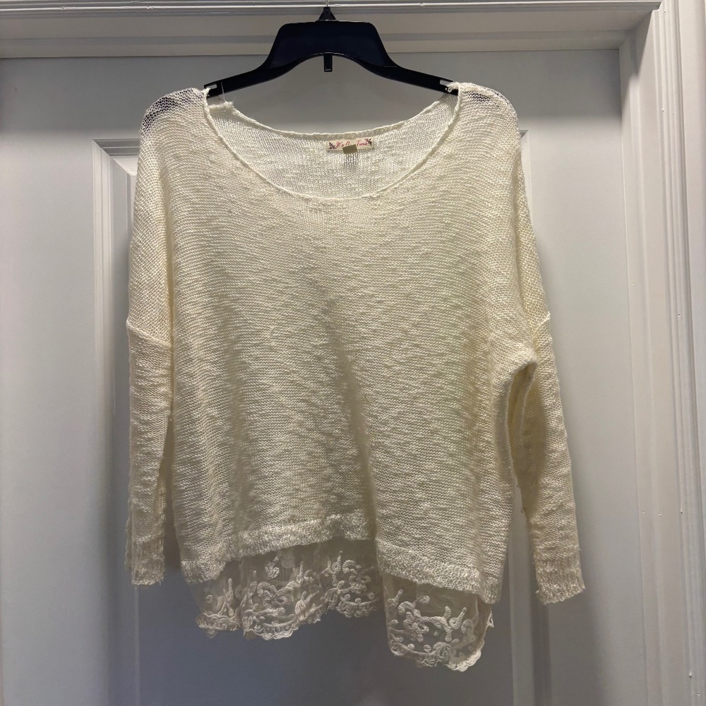 Its Our Time White Cream Scoop Neck Sweater with Lace Trim